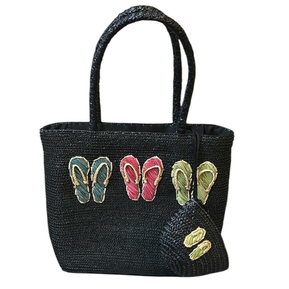 Straw Woven Black Beach Summer Large Tote with Flip Flops design + small bag - Picture 6 of 15